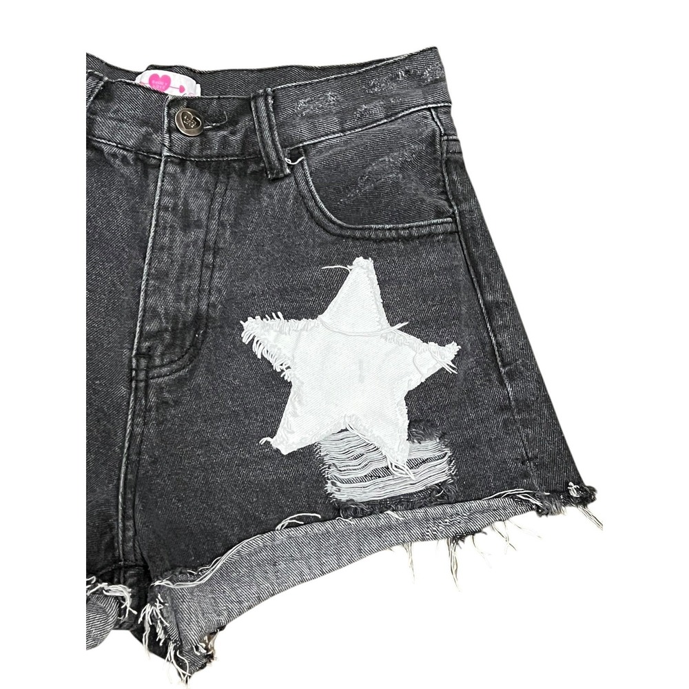 Buddy Love Star Patch Denim Shorts Womens 26 Black Distressed Cutoff Summer Y2K - Picture 5 of 9